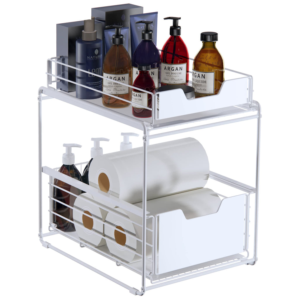 DOLALIKE Pull Out Under Sink Cabinets Organizer 2 Tire Sliding Countertop Organizer Under Sink Storage Drawer Shelf for Kitchen (White)