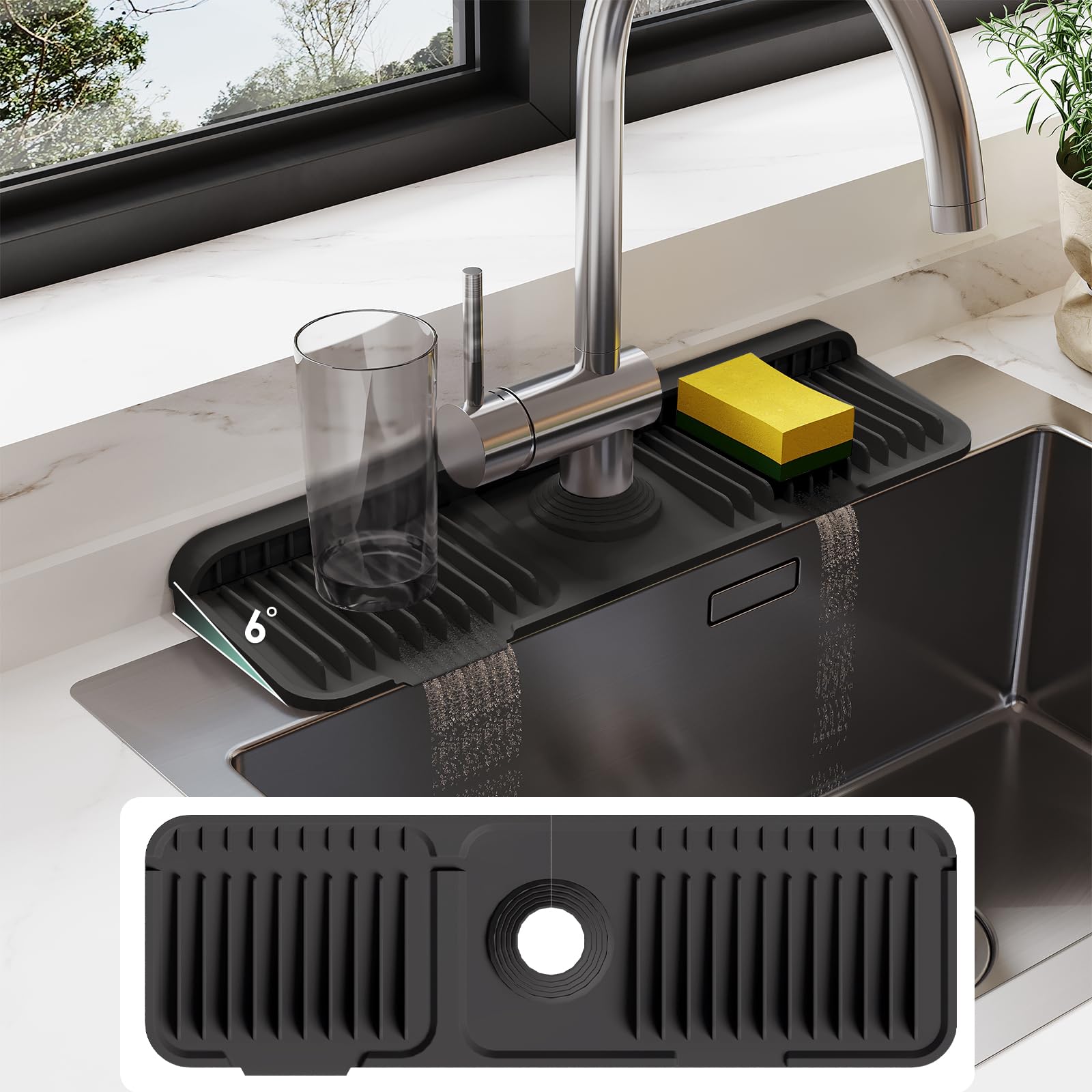 24 Inch Silicone Faucet Mat for Kitchen Sink Splash Guard Behind Faucet6°Slope Sink Water Splash Guard Draining Mat for Kitchen Sink Area Faucet Mat for Bathroom Sink with Fasten Button-Black