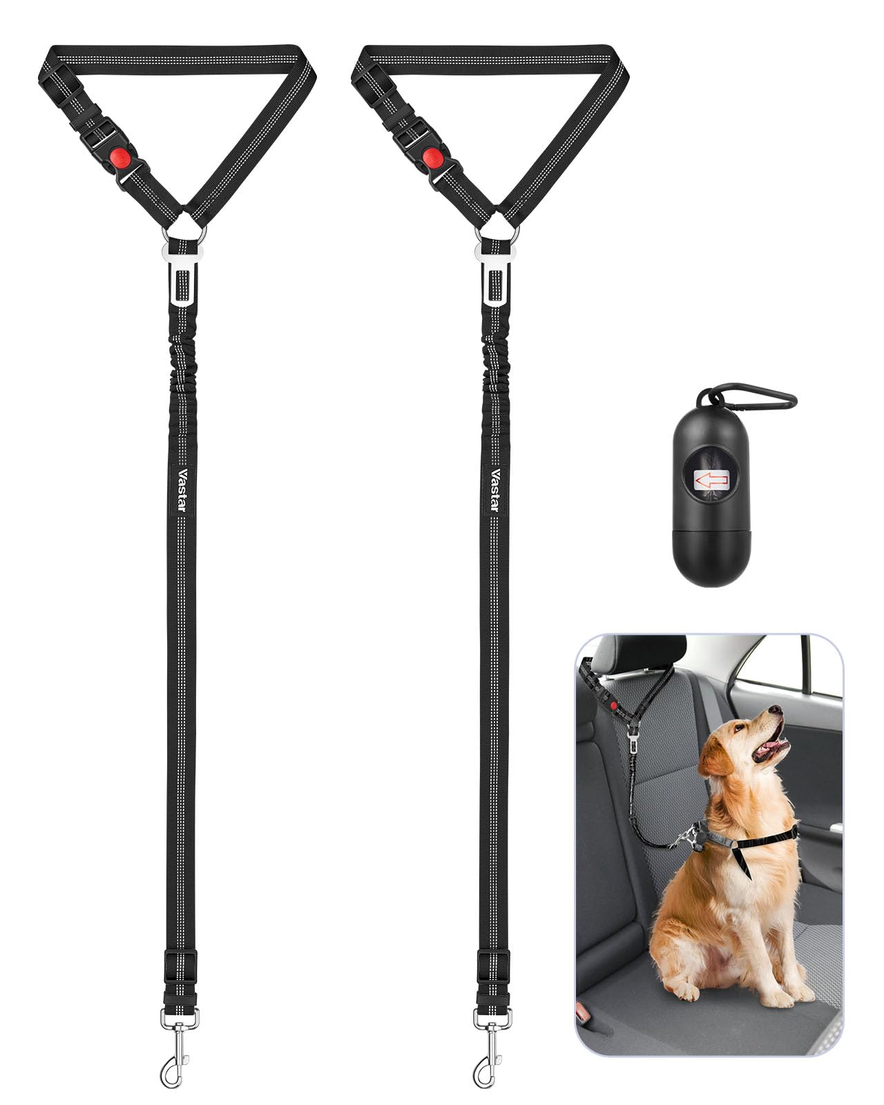 Vastar 2 Pack Dog Seat Belt for Car 3-in-1 Dog Car Seatbelt Adjustable Pet Seat Belt Safety Headrest Restraint Dog Car Belt with Reflective Elastic Bungee Poop Bag Holder