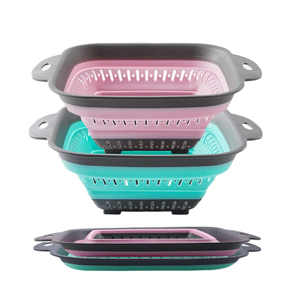 Fglmctsh Collapsible Colander Set Square Round Triangles Silicone Kitchen Strainer Perfect for Draining Pasta Vegetable fruit 2 PCS (10.8"L x 8.6"W x 2"H Red & Green)