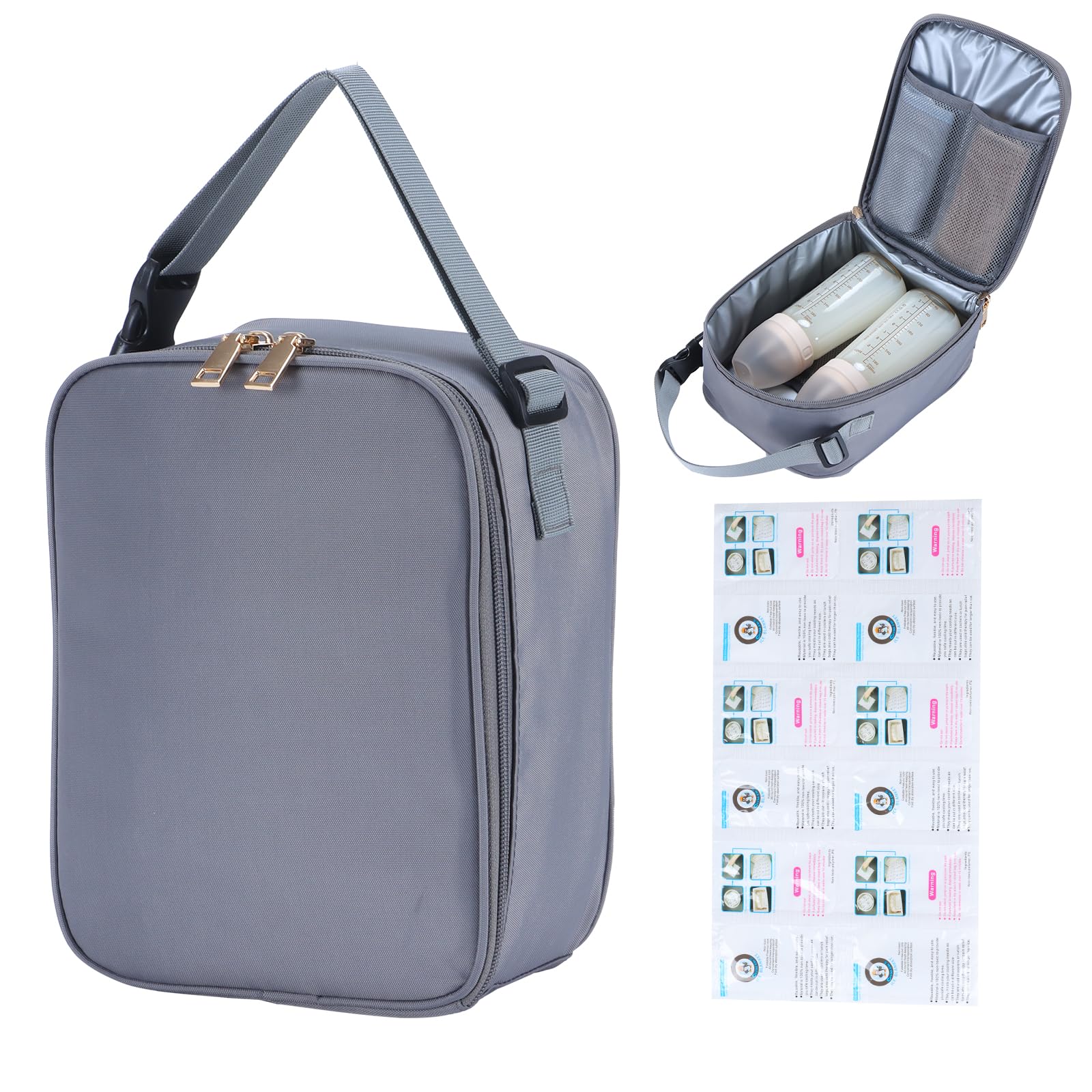 AURAUS Breast Milk Cooler Bag with Ice Packs Fits 2 Baby Bottles Up to 9 Ounce Suitable for Nursing Mom Daycare (Grey)