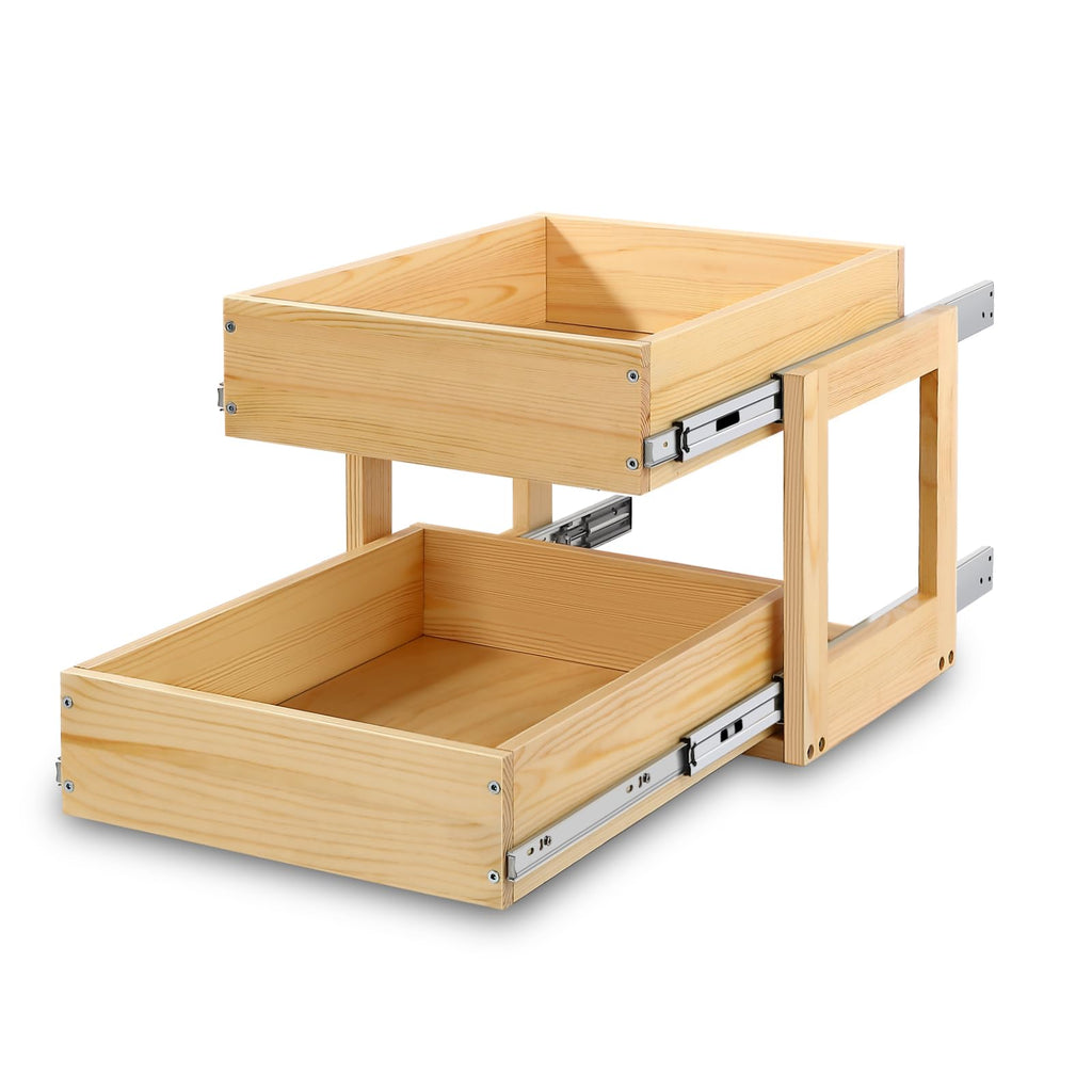 Mulush Pull Out Cabinet Organizer 14W×21D×16H Soft Close Slide Out Wood Drawer Shelves Storage for Kitchen 2-Tier Finished Heavy-Duty Bottom Assembly