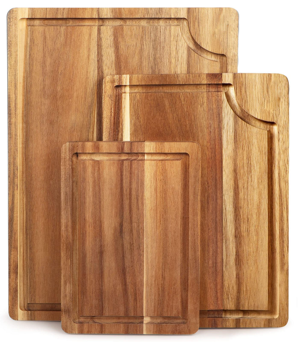 Acacia Wood Cutting Board Set with Juice Groove (3 Pieces) Organic Wooden Cutting Boards for kitchen Butcher Block Cutting Board for Meat Vegetable Wooden Chopping Board 15x10 12x8 9x6 inch